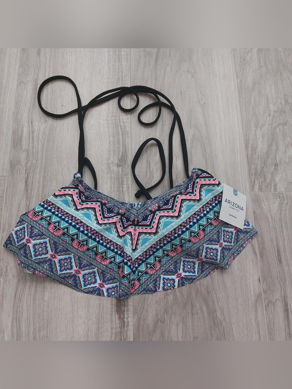Arizona Jean Company Aqua and Black Tribal Flounce Bikini Top